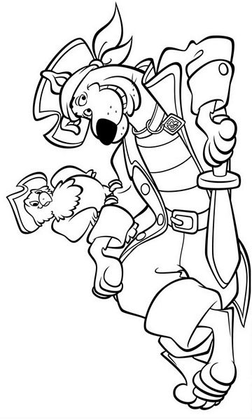 kolorowanka Scooby Doo pirat kapitan z papugą, malowanka do wydruku z bajki dla dzieci, do pokolorowania kredkami, obrazek nr 16